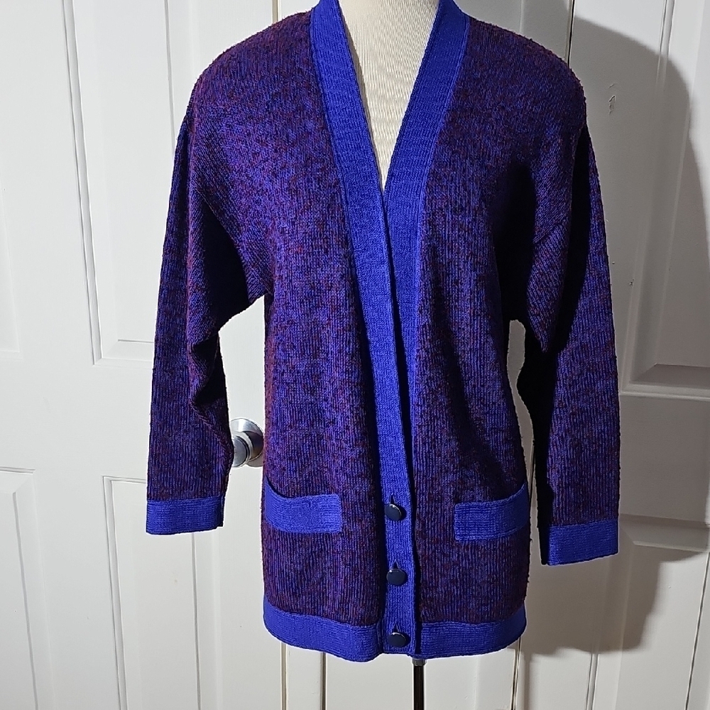 St. John Purple, Blue‎ & Red Cardigan Sweater. Vintage. Oversized 8. 2 Pockets